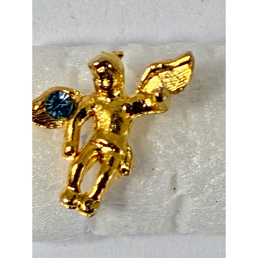 VTG Gold Tone Angel Cherub Lapel Pin Blue Rhinestone Ballou Regd Clutch Back